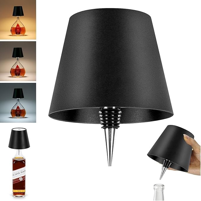 Nexila Wireless Bottle Lamp, Wireless Bottle Lamp Shade with 3 Color Temperature, Rechargeable Stepless Dimming LED Wine Bottle Lights for Any Bottle, Desk Lamp for Bedroom Restaurant Bar