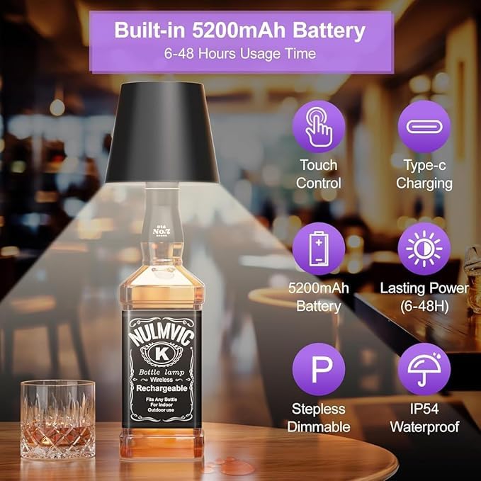 Nexila Wireless Bottle Lamp, Wireless Bottle Lamp Shade with 3 Color Temperature, Rechargeable Stepless Dimming LED Wine Bottle Lights for Any Bottle, Desk Lamp for Bedroom Restaurant Bar
