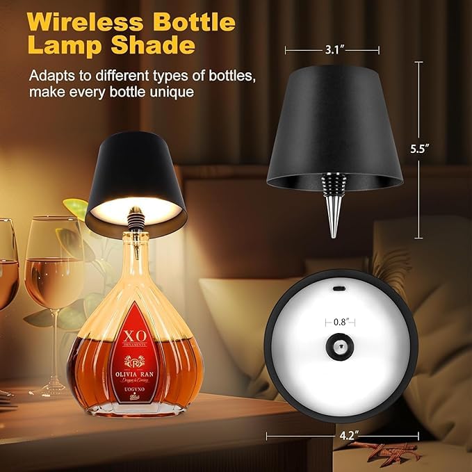 Nexila Wireless Bottle Lamp, Wireless Bottle Lamp Shade with 3 Color Temperature, Rechargeable Stepless Dimming LED Wine Bottle Lights for Any Bottle, Desk Lamp for Bedroom Restaurant Bar