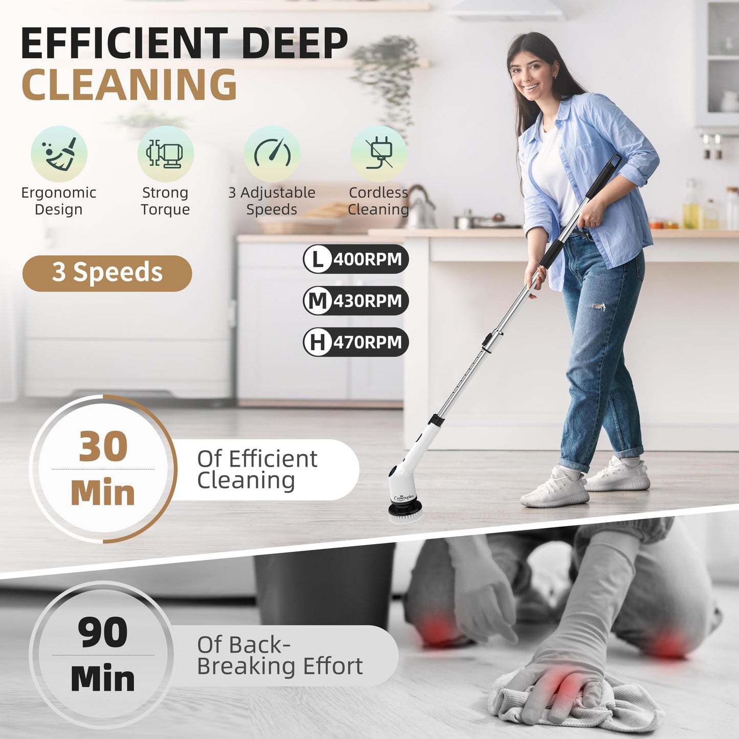 9 in 1 Cordless Rechargeable Spin Scrubber for Bathroom, Shower, Bathtub, Kitchen Wall, Cleaning with Power Display ⭐⭐⭐⭐⭐ (4.9/5) 856 Reviews