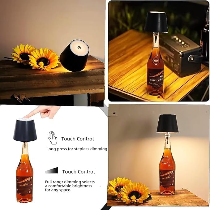 Nexila Wireless Bottle Lamp, Wireless Bottle Lamp Shade with 3 Color Temperature, Rechargeable Stepless Dimming LED Wine Bottle Lights for Any Bottle, Desk Lamp for Bedroom Restaurant Bar