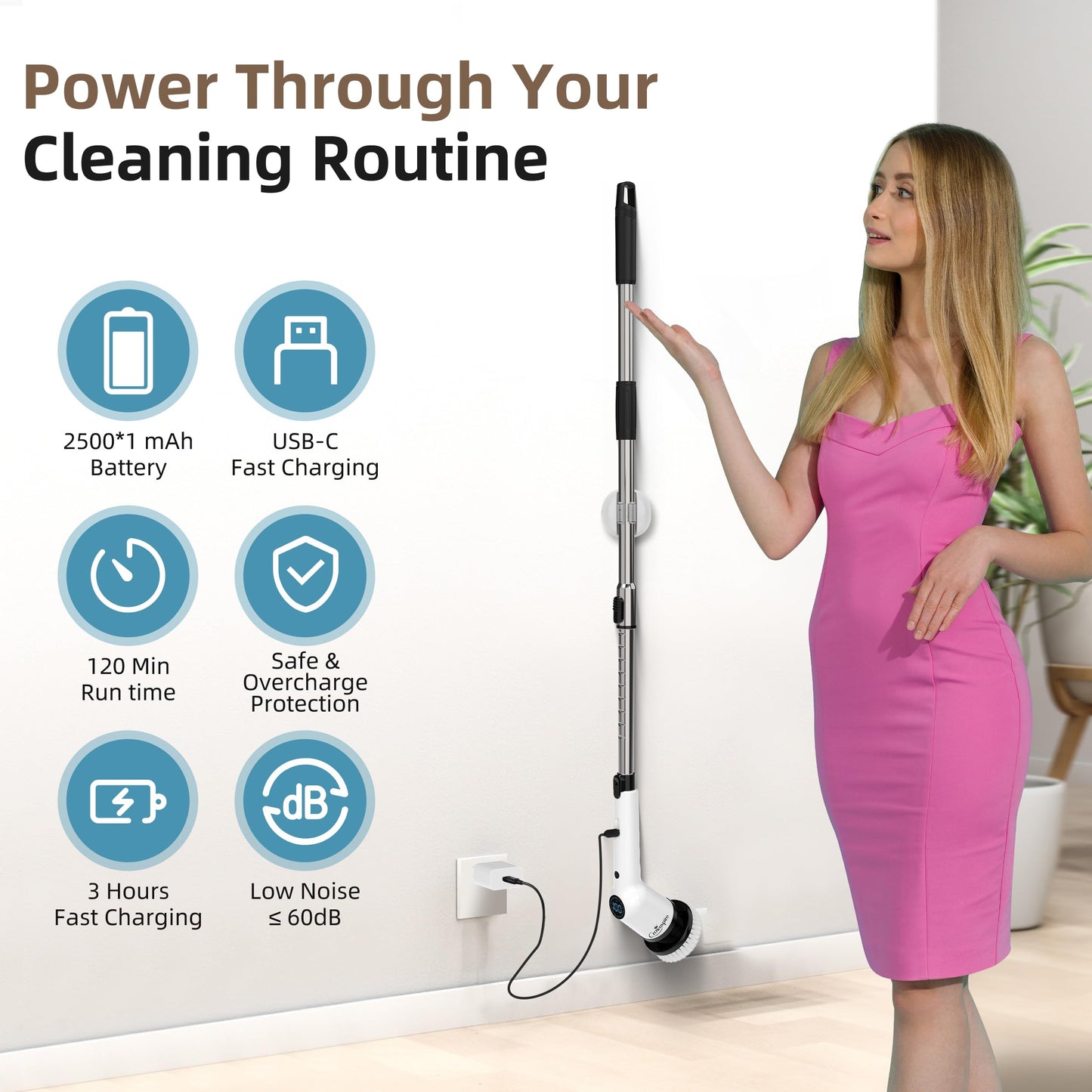 9 in 1 Cordless Rechargeable Spin Scrubber for Bathroom, Shower, Bathtub, Kitchen Wall, Cleaning with Power Display ⭐⭐⭐⭐⭐ (4.9/5) 856 Reviews