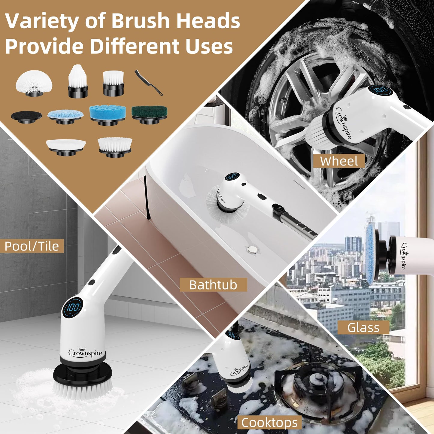 9 in 1 Cordless Rechargeable Spin Scrubber for Bathroom, Shower, Bathtub, Kitchen Wall, Cleaning with Power Display ⭐⭐⭐⭐⭐ (4.9/5) 856 Reviews